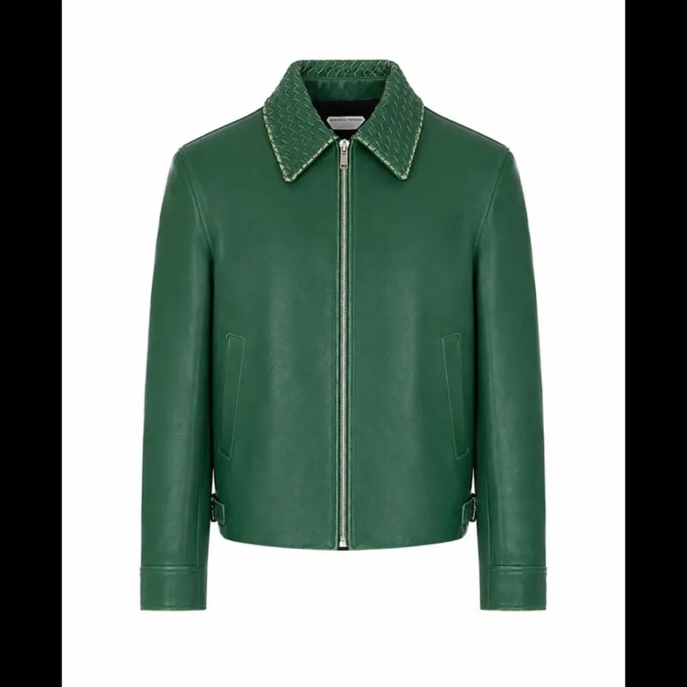 Bottega Veneta Men Leather Jacket With Intrecciato Collar